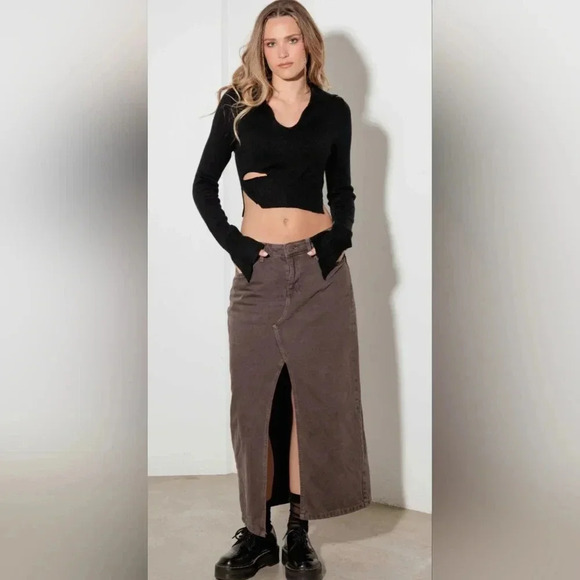 Trendy Cut Out Collared Crop Soft Long Sleeve Sweater Top #417-418 - Picture 6 of 6